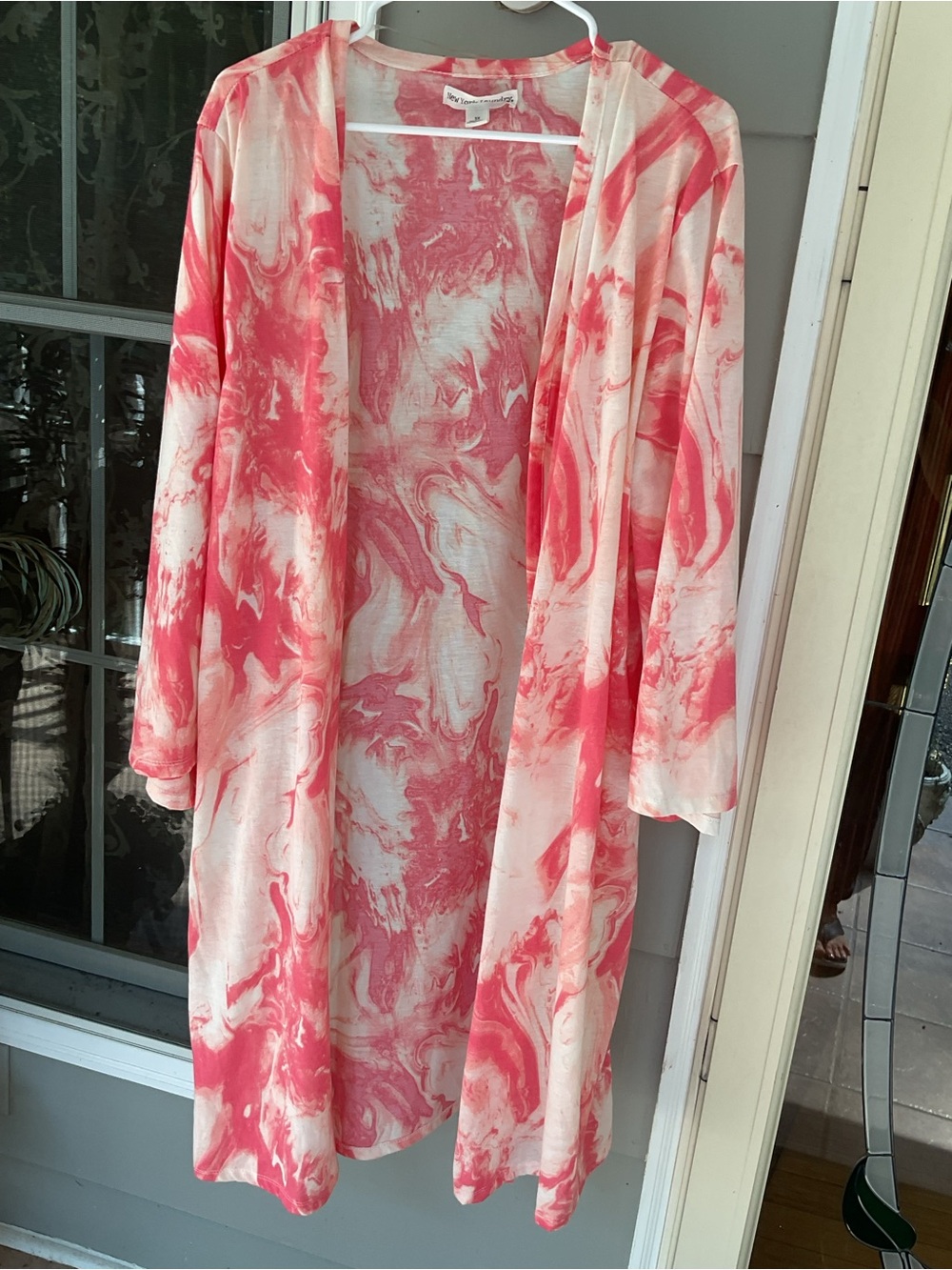 New York Laundry Pink Marble-Print Open Front Duster